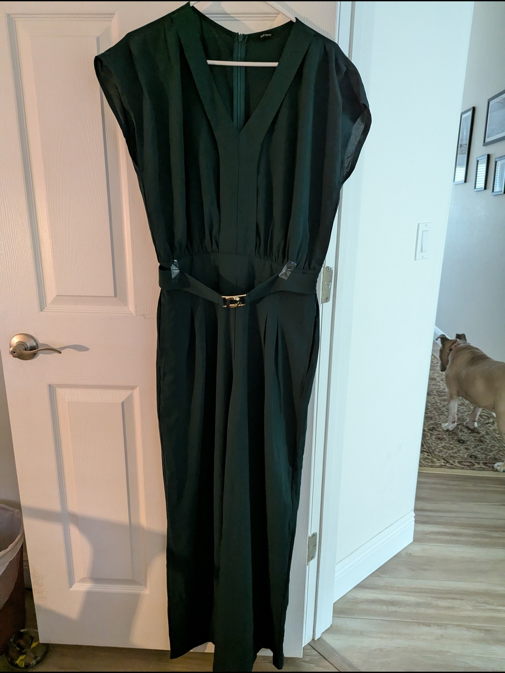 Elegant Dark Green Belted Jumpsuit - Classic Women's Boot Cut & Flare